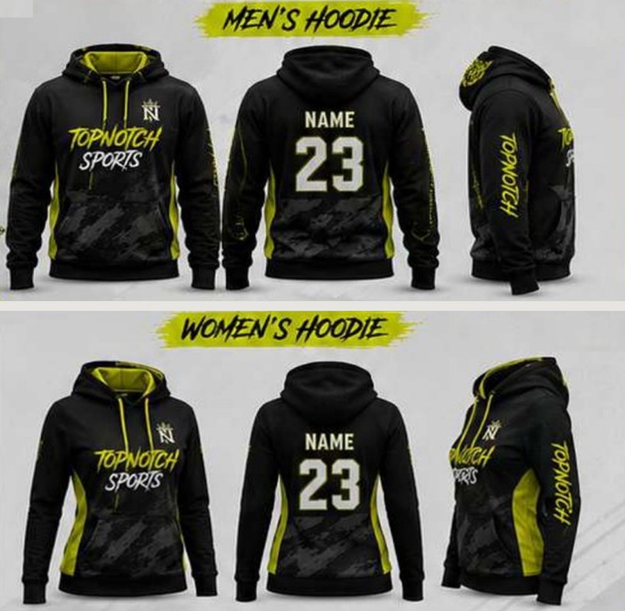 Men's and women's Top Notch Sports custom hoodies shown front, back and side in black and volt